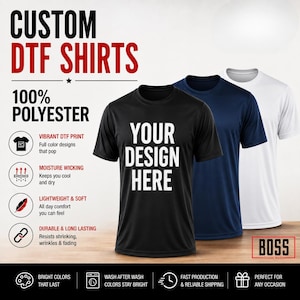 May include: Three short-sleeved crew neck t-shirts in black, navy blue, and white, featuring the text YOUR DESIGN HERE on the front. The image includes text detailing 100% polyester material, moisture-wicking properties, and vibrant DTF printing.