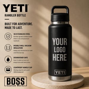 Personalized Engraved Water Bottle YETI, Add your logo, YETI, Laser Engraved YETI, Gift, Water Bottle Yeti 18oz, 26oz, 36oz, 46oz and 64oz