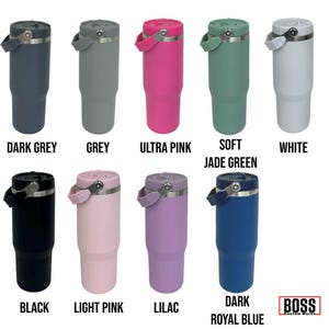 May include: A collection of insulated tumblers in various colors, including dark grey, grey, ultra pink, soft jade green, white, black, light pink, lilac, and dark royal blue. Each tumbler has a handle and a lid. The brand name "BOSS Custom Works" is visible.