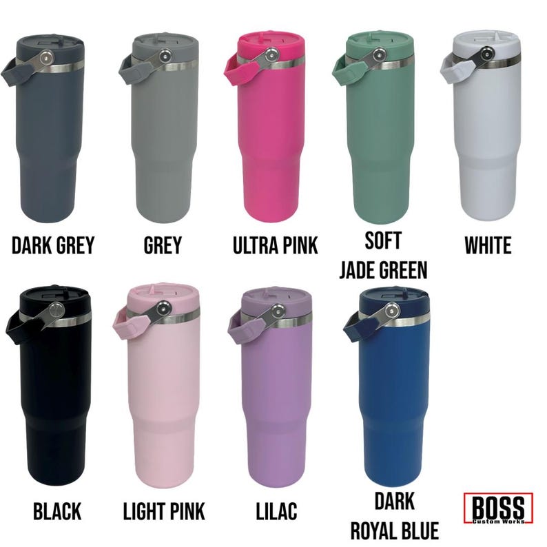 May include: A collection of insulated tumblers in various colors, including dark grey, grey, ultra pink, soft jade green, white, black, light pink, lilac, and dark royal blue. Each tumbler has a handle and a lid. The brand name "BOSS Custom Works" is visible.