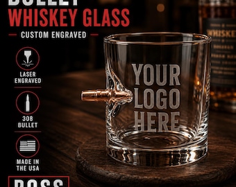 Vaso de whisky personalizado de 11 oz grabado, vaso de whisky grabado con láser, agregue su logotipo o texto, vaso de whisky Benshot, vaso de whisky Bullet. 308.