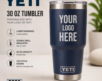 Vaso térmico YETI de 30 oz grabado y personalizado. Añade tu logotipo. YETI grabado con láser. Regalo corporativo. Recubrimiento en polvo. Vasos térmicos al por mayor. Yeti personalizado.