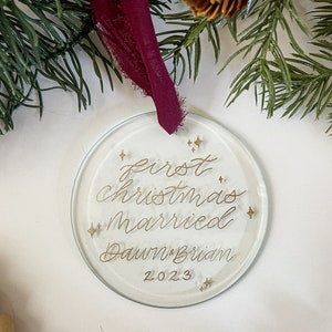 Engraved Glass Ornament,  Custom Glass Ornament, We&#39;re Engaged Ornament, First Married Christmas Ornament, Baby&#39;s First Christmas