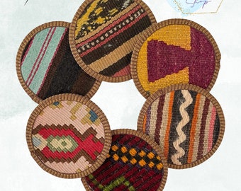 Kilim Coaster Set - Fabric, Cloth, Authentic Turkish Kilim, Unique, Random HandSelected Assortment of Woven Coasters, Boho, Tribal Geometric