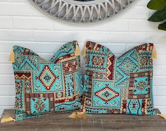 Turkish Design Pillow Cover Set 16x16” Set of Two, Made from Authentic Handsewn Vintage Turkish Fabric