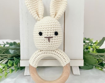 Neutral Baby Gift, Bunny Baby Rattle - Crochet Rattle, Newborn Gift, Skwish Rattle, Organic Sustainable Cotton, Wooden Rattle