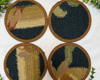 Coaster Set - Fabric Cloth - 4 Pieces, Unique Woven Fabric, Coasters Set, Boho Coaster Set, Kilim Coaster Set, Cloth Coaster Set, Vinyl Back