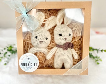 Baby Easter Bunny Neutral Gift Set Crochet Rattle & Stuffed Bunny Toy/Lovey/Stuffy Skwish Rattle, Organic Sustainable Cotton, Wooden Rattle