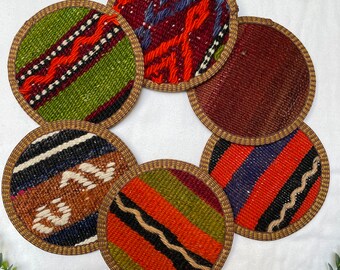 Kilim Coaster Set - Fabric Cloth - 6 Pieces, Unique Woven Fabric, Coasters Set, Boho Coasters, Coaster Set, Kilim Carpet, Kilim Rug, Midwest