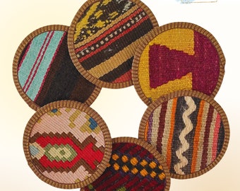 Coaster Set - Kilim Fabric Cloth - 6 or 4 Pieces, Authentic Turkish Kilim, Unique Fabric, Random Assortment of 6 or 4 Woven Coasters, Boho