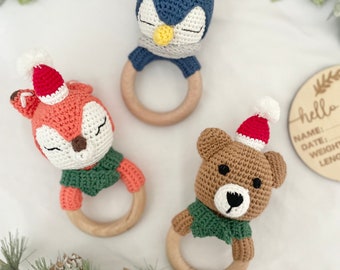 Christmas Baby Rattle and Teether Toy- Handmade Crochet, Safe and Non-Toxic Natural Beechwood, Sensory Development for Baby, A Perfect Gift