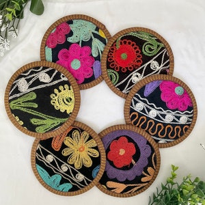 Embroidered Fabric Coaster Set Fabric & Vinyl Backing - 6 Pieces, Unique Fabric, Handmade, Cloth Coasters Set