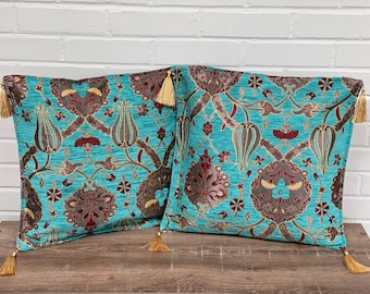 Turkish Design Pillow Cover Set 16x16” Set of Two, Made from Authentic Handsewn Vintage Turkish Fabric