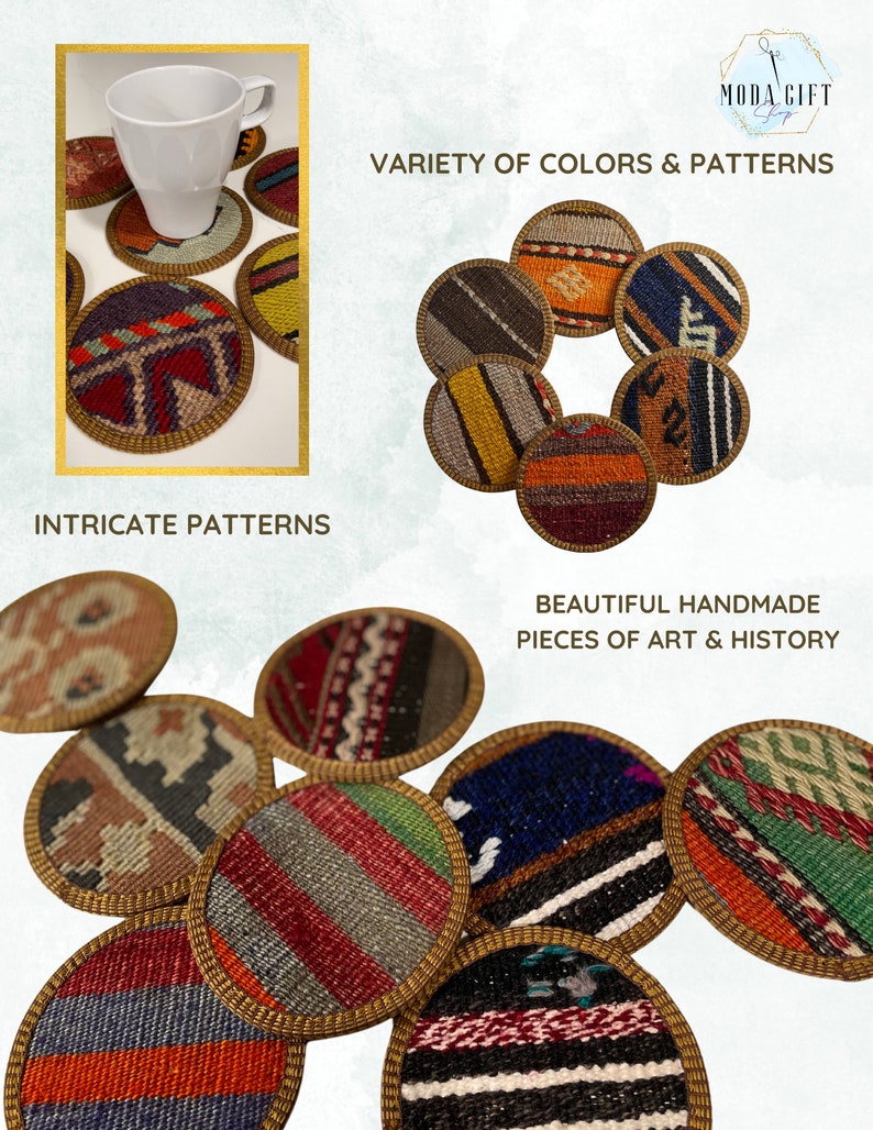 Kilim Coaster Set Fabric, Cloth, Authentic Turkish Kilim, Unique, Random HandSelected Assortment of Woven Coasters, Boho, Tribal Geometric image 6