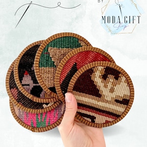 Kilim Coaster Set Fabric, Cloth, Authentic Turkish Kilim, Unique, Random HandSelected Assortment of Woven Coasters, Boho, Tribal Geometric image 2