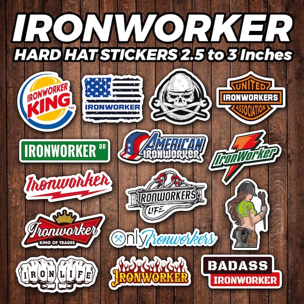 Ironworker 15 Stickers Pack Hard Hat Vinyl Waterproof Perfect for Helmet Tumbler Toolbox Funny Union Tradesman Framework