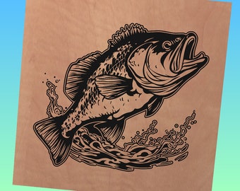 May include: Black and white illustration of a largemouth bass leaping out of water. The fish is detailed with scales and fins, and the water is depicted with stylized waves and bubbles. The background is a light brown color.