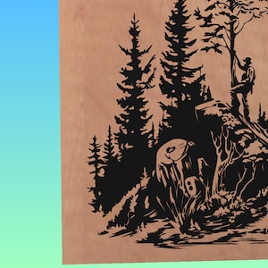 May include: Black and white silhouette of a person standing on a fallen log in a forest. The person is holding a tool, possibly an axe. There are trees and other fallen logs in the background.