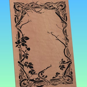 May include: A brown paper background with a black vine border. The vines are stylized and have leaves and berries.