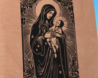 Virgin Mary, SVG, rustic, black and white, vector files, CNC.