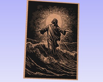 Könnte beinhalten: Ein Schwarz-Weiß-Holzschnitt, der Jesus Christus zeigt, wie er auf dem Wasser geht und die Arme ausstreckt. Der Hintergrund ist ein dunkles Meer mit Wellen und einer strahlenden Sonne darüber.
