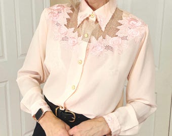 Vintage pink western long sleeve blouse with embroidered mesh Copy