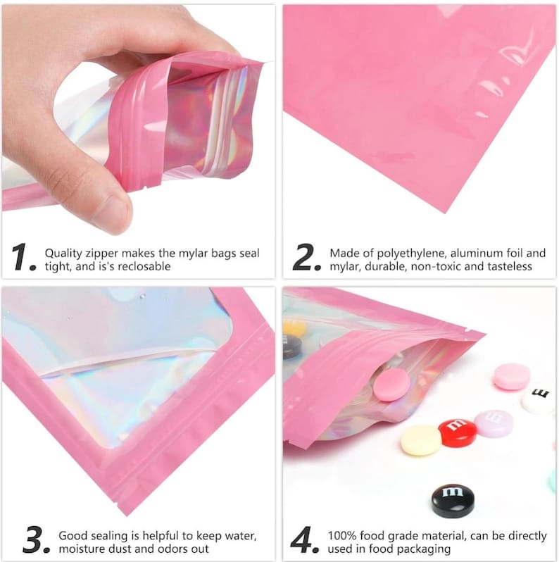 May include: Pink mylar bags with a quality zipper, suitable for food packaging. The bags are made of polyethylene, aluminum foil, and mylar. The bags are durable, non-toxic, and tasteless. The bags seal tightly to keep water, moisture, dust, and odors out.
