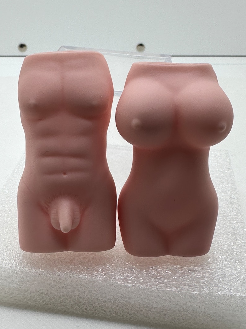 May include: Two pink ceramic sculptures, one depicting a male torso and the other a female torso.
