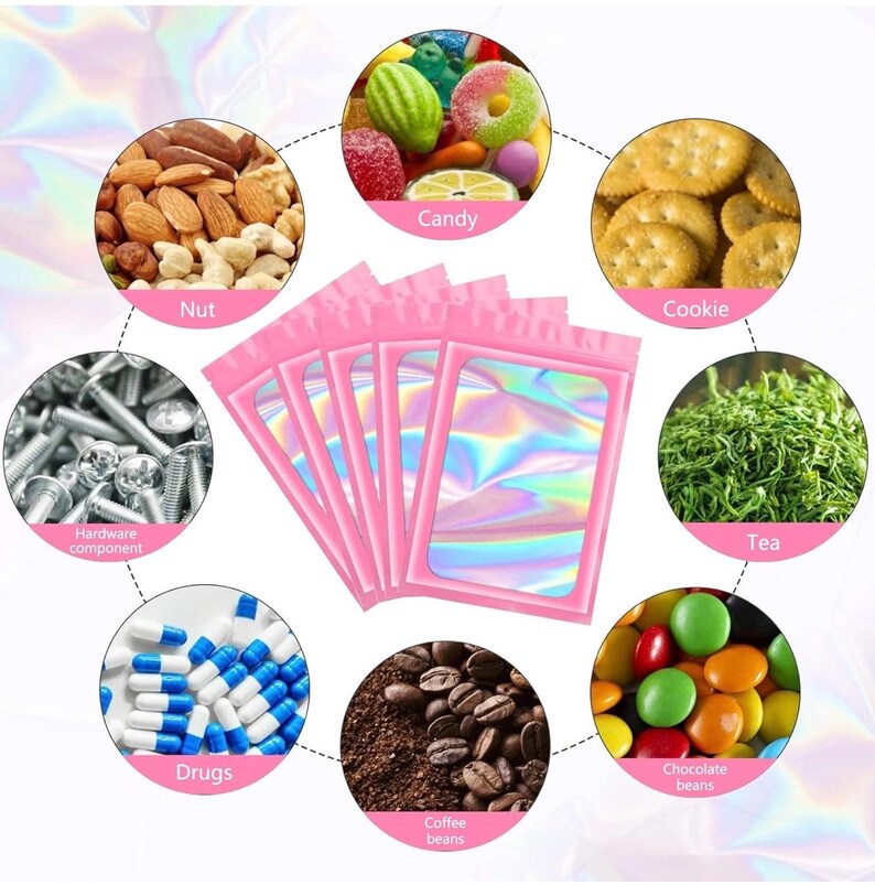 May include: Pink holographic zip-lock bags surrounded by images of various items, including nuts, candy, cookies, tea, drugs, coffee beans, chocolate beans, and hardware components. The bags have a shiny, iridescent appearance.