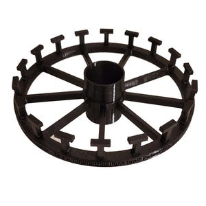 May include: A black, circular tool with a central cylinder and radiating spokes. The outer rim features evenly spaced, T-shaped protrusions. The tool appears to be 3D-printed and has text around the outer edge.