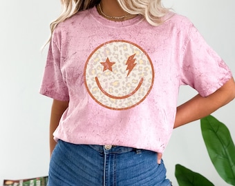 Retro Leopard Smiley Face Shirt,  Teacher Shirts, Smiley Face, Cute Shirt, Retro Shirt, Comfort Colors