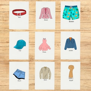 Clothes Flashcards | Editable Montessori Cards | PDF Printable Card | Nomenclature Cards For Preschool Educational Clothing Cards