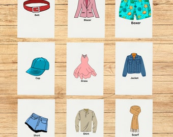 Tarjetas de ropa / Tarjetas Montessori editables / Tarjeta imprimible en PDF / Tarjetas de nomenclatura para tarjetas de ropa educativa preescolar