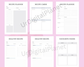 May include: A printable meal planner with sections for recipe planning, recipe cards, healthy recipes, and favorite foods. The planner has a light gray background with black text.