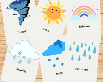 12 Weather Cards Montessori flashcards Pre-School Cards  Rainbow Educational Printable Cards instant Download