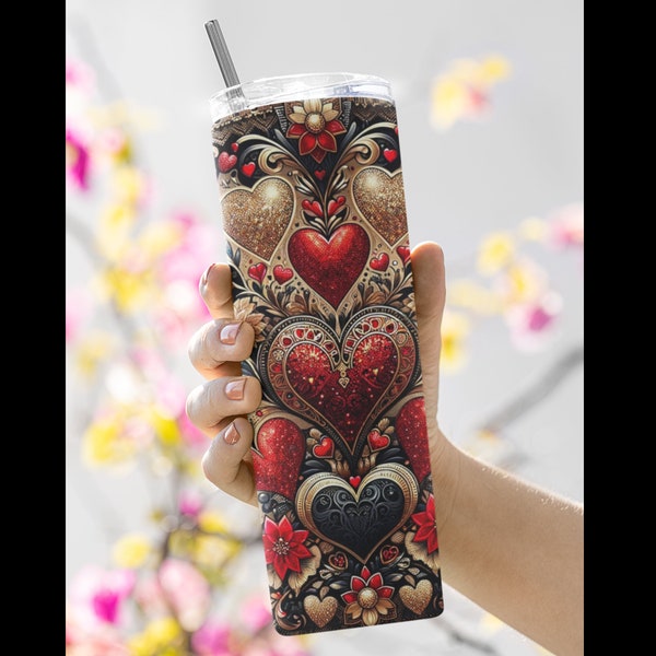 Valentine's Day Red and Black Hearts Design Tumbler Wrap, Hearts Prints 20oz Skinny Tumbler, Sublimation Designs PNG