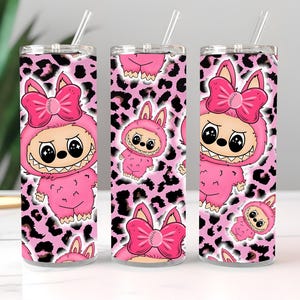Pink Labubu 20oz Tumbler with Lid | Cute Stainless Steel Travel Cup | Kawaii Hot Cold Cup Gift | Anime Character Tumbler