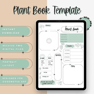 Op de afbeelding: Een afdrukbare plantenboek sjabloon voor de Goodnotes-app. De sjabloon heeft een zwart-wit ontwerp met groene accenten. Het bevat secties voor plantennaam, familie, adoptiedatum, tracker, notities, zonlicht, water en updates.