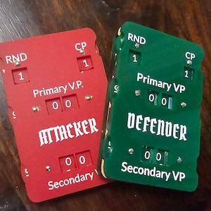 May include: Two game counters, one red and one green, with white text. The red counter reads "ATTACKER" and the green counter reads "DEFENDER". Each counter has dials for "RND", "CP", "Primary V.P.", and "Secondary V.P."