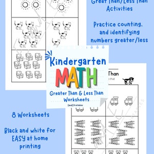 8 Kindergarten Math Worksheets | Preschool-1st Gr. Math |  Instant download PDF | Black and white | Easy Printing | Greater Than Less Than