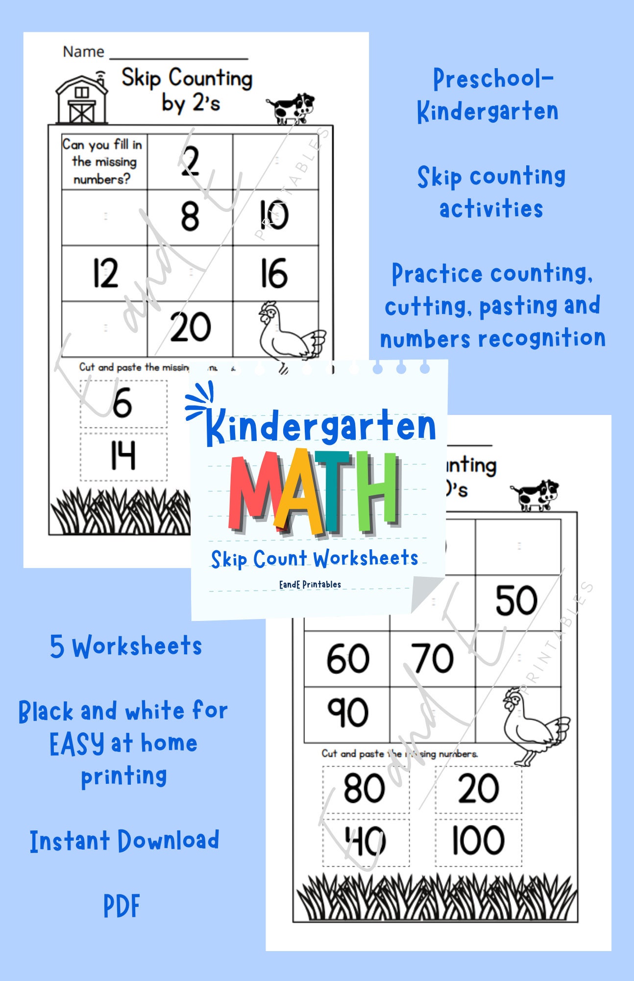 4 Kindergarten Math Worksheets | Preschool-1st Gr. Math | Instant download PDF | Black and white | Easy Printing | Skip Counting