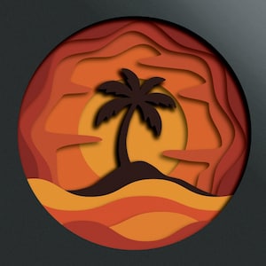 May include: A paper cut-out design of a palm tree on a small island with an orange sunset in the background.