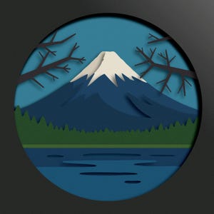 Könnte beinhalten: Eine Papier-Ausschnitt-Illustration des Mount Fuji, einem schneebedeckten Berg, mit einem blauen See im Vordergrund und zwei schwarzen Bäumen auf jeder Seite. Der Hintergrund ist ein hellblauer Himmel.