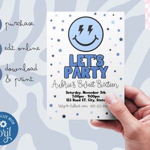 Custom Preppy Any Age Birthday Party Invite, Sweet Sixteen Digital Instant Download Template Personalized Blue Smiley Face Lightning Bolt 16