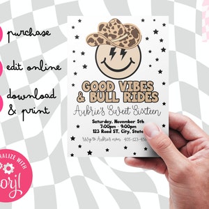 Custom Neutral Preppy Any Age Cowboy Cowgirl Birthday Party Invite ∙ Digital Instant Download Template Personalized Mechanical Bull Sixteen