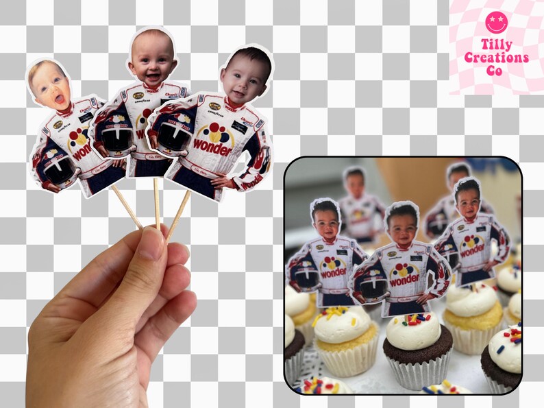 May include: Cupcake toppers depicting a baby in a racing suit, holding a helmet. The toppers are attached to wooden sticks. The image also shows cupcakes decorated with the toppers. The racing suit has the word "wonder".