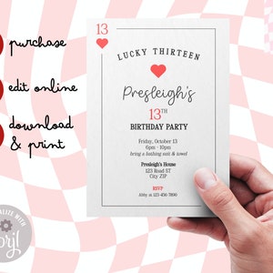 Invitation à une fête d'anniversaire de carte à jouer personnalisée • Modèle de téléchargement numérique • Soirée casino Lucky Thirteen vendredi 13 Gambling Red Black 18 21