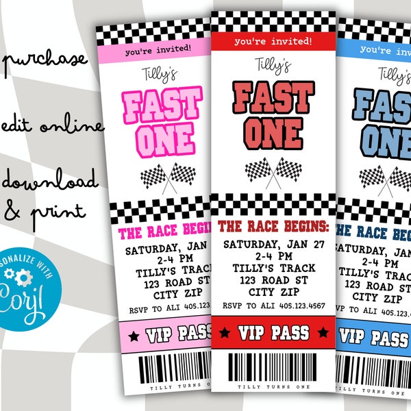 Custom Fast One 1st Birthday Party Invite • Instant Digital Download Template • Race Car Ticket Change to ANY Color • Change ALL Details