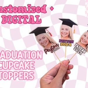 Custom DIGITAL Graduation Cupcake Toppers • Face Party Decor High School Kindergarten College Graduate GRAD CAP Senior Class of 2024 Hat