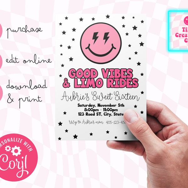 Custom Preppy Any Age Birthday Party Invite ∙ Limo Rides Digital Instant Download Template Personalized Pink Smiley Face Lightning Bolt